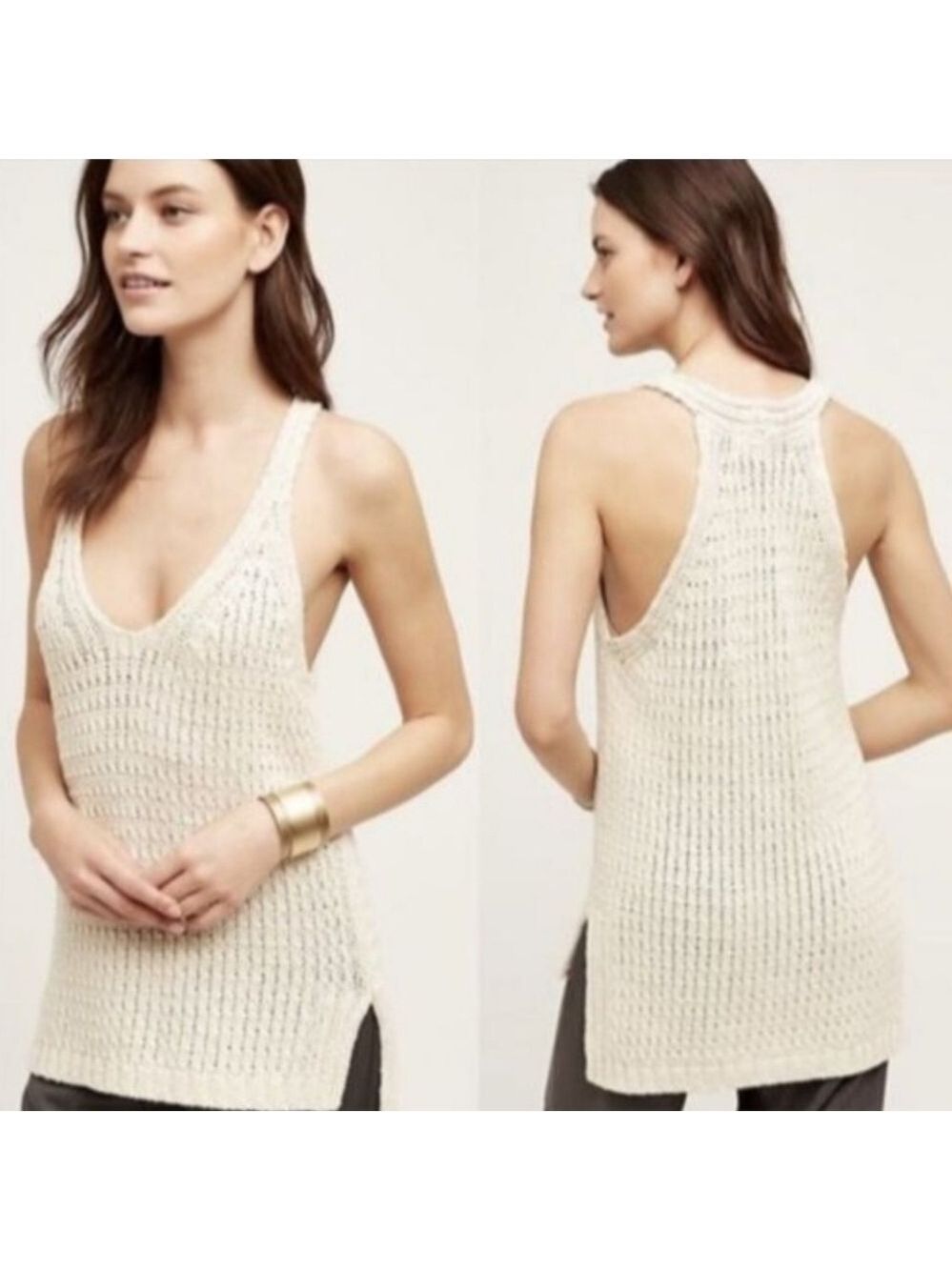 Anthropologie Moth Knit Ivory High Low Tank, Size M
